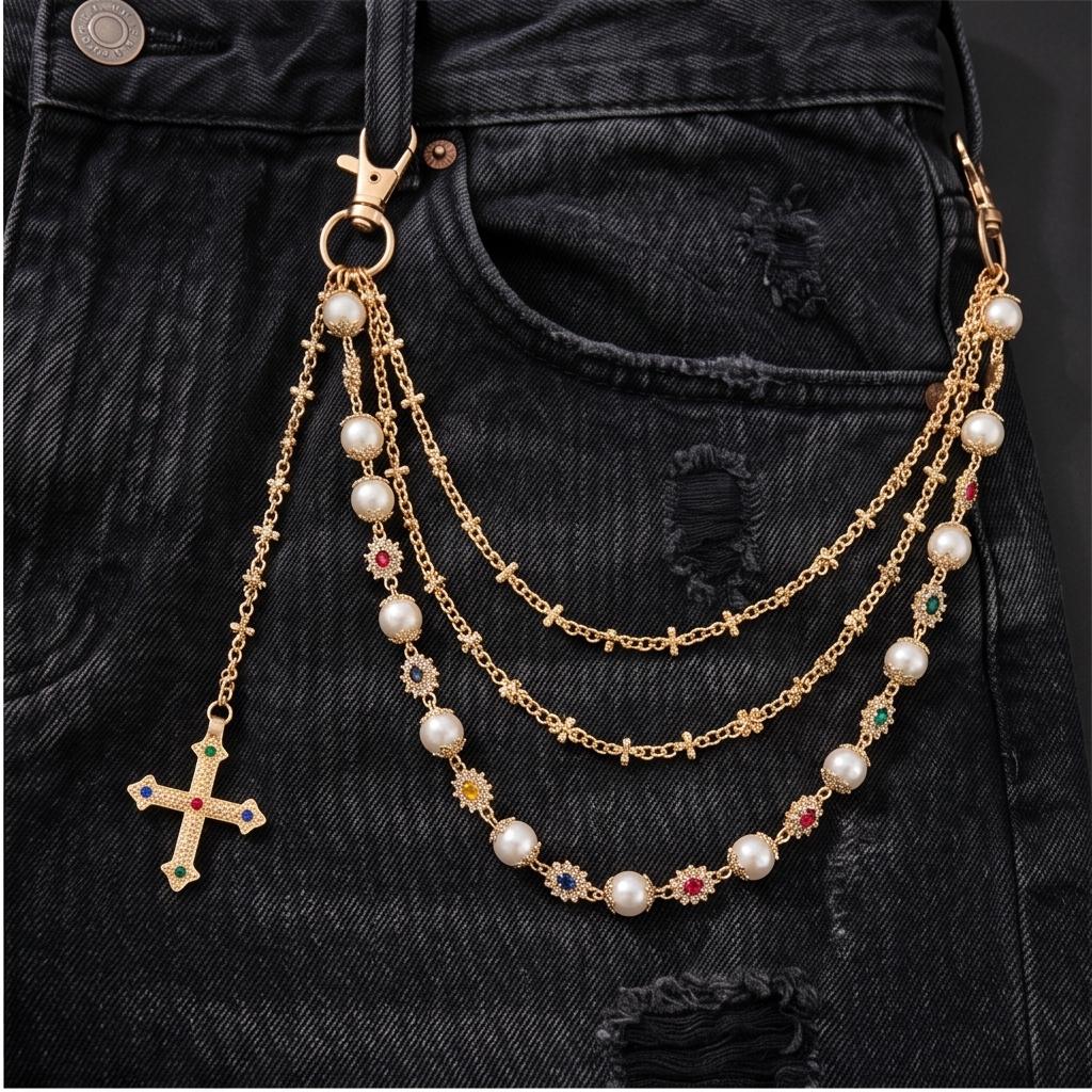 Vintage Pearl Teardrop Dangle Double Layer Gold Curb Chain Belt womens large XL Vintage Double Link Swag Style Chain Belt Dangle Faux  main image 3