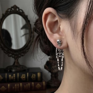 Skeleton Stud Earrings, Gothic Full Body Skeleton Ear Jackets, Halloween Punk Jewelry, Creepy Cool Skeleton Dangle, Gift for Goth Lovers