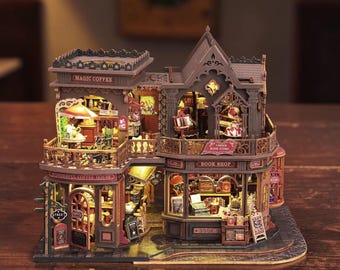 Magic Coffee Shop Book Nook Kit - DIY 3D Holzpuzzle mit LED, Miniaturbuchladen Diorama, gemütliches Bücherregal Insert Decor