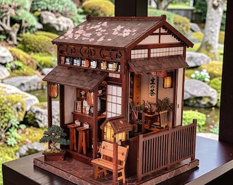 Kit de rincón de lectura estilo Izakaya japonés: rompecabezas de madera 3D para armar, estante iluminado, escena callejera en miniatura, regalo para amantes de los libros.