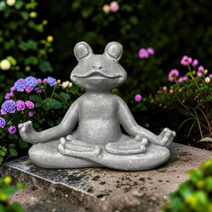 Può includere: Una statuetta di rana grigia dalla superficie ruvida, seduta in posizione di meditazione a gambe incrociate con le mani appoggiate sulle ginocchia in un gesto mudra. La rana presenta grandi occhi rotondi, una bocca larga e piedi palmati.