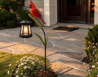 May include: A garden stake featuring a bright red cardinal bird perched on a green stalk, holding a black metal lantern with a glass pane and an internal light. The structure is supported by a thin black metal pole anchored in the ground.