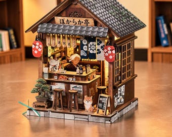 Japanese Izakaya Book Nook Kit – DIY Miniature House Bookend, 3D Wooden Dollhouse, LED Bookshelf Insert Decor