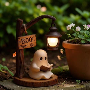 May include: A small, cream-colored ghost figurine sits on a circular wooden base, reading a book. A dark brown post holds a hanging lantern with a glowing light and a rectangular wooden sign that reads BOO! with a bat and skull icon.