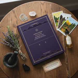 May include: A dark purple book titled "Appalachian Folk Magic Grimoire Pages" with gold accents, alongside tarot cards, essential oil, a mortar and pestle, and a pentacle necklace on a wooden table. A sprig of lavender and a business card are also present.