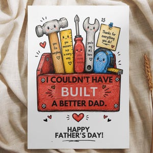 Könnte beinhalten: Eine Grußkarte mit einem roten Werkzeugkasten voller Cartoon-Werkzeuge wie Hammer, Lineal, Schraubendreher, Schraubenschlüssel und Maßband. Der Text lautet: I COULDN'T HAVE BUILT A BETTER DAD. HAPPY FATHER'S DAY! Die Werkzeuge haben kleine Gesichter.
