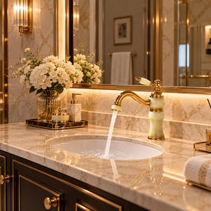 Può includere: Un rubinetto da bagno in oro e pietra verde pallido con bocca curva e leva singola, che eroga un flusso costante d'acqua in un lavabo ovale bianco incassato in un piano in marmo con finiture dorate e mobili scuri.