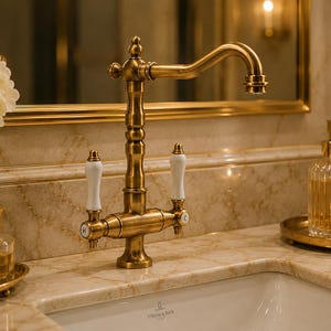 May include: A brass bathroom faucet with a high-arched spout and two white ceramic lever handles. The faucet features a vintage-inspired design with a metallic finish, and the handles are marked with H and C indicators for hot and cold water.