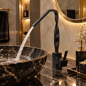 Matte Black Waterfall Bathroom Faucet, Solid Brass Vessel Sink Faucet, Modern Twisted Tall Basin