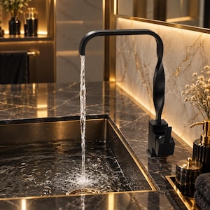 Matte Black Waterfall Kitchen Faucet, Solid Brass Sink Mixer Tap, Modern Twisted Faucet