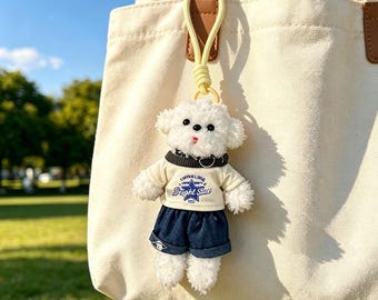 Bichon Frise Plush Keychain, Y2K Style Dog Bag Charm, Streetwear Accessory