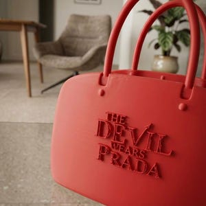 Puede incluir: Un bolso de mano rojo brillante con dos asas curvas. El texto "THE DEVIL WEARS PRADA" está grabado en relieve en la parte delantera. El bolso tiene forma rectangular con bordes redondeados. El fondo incluye una silla, una mesa y una planta en maceta.