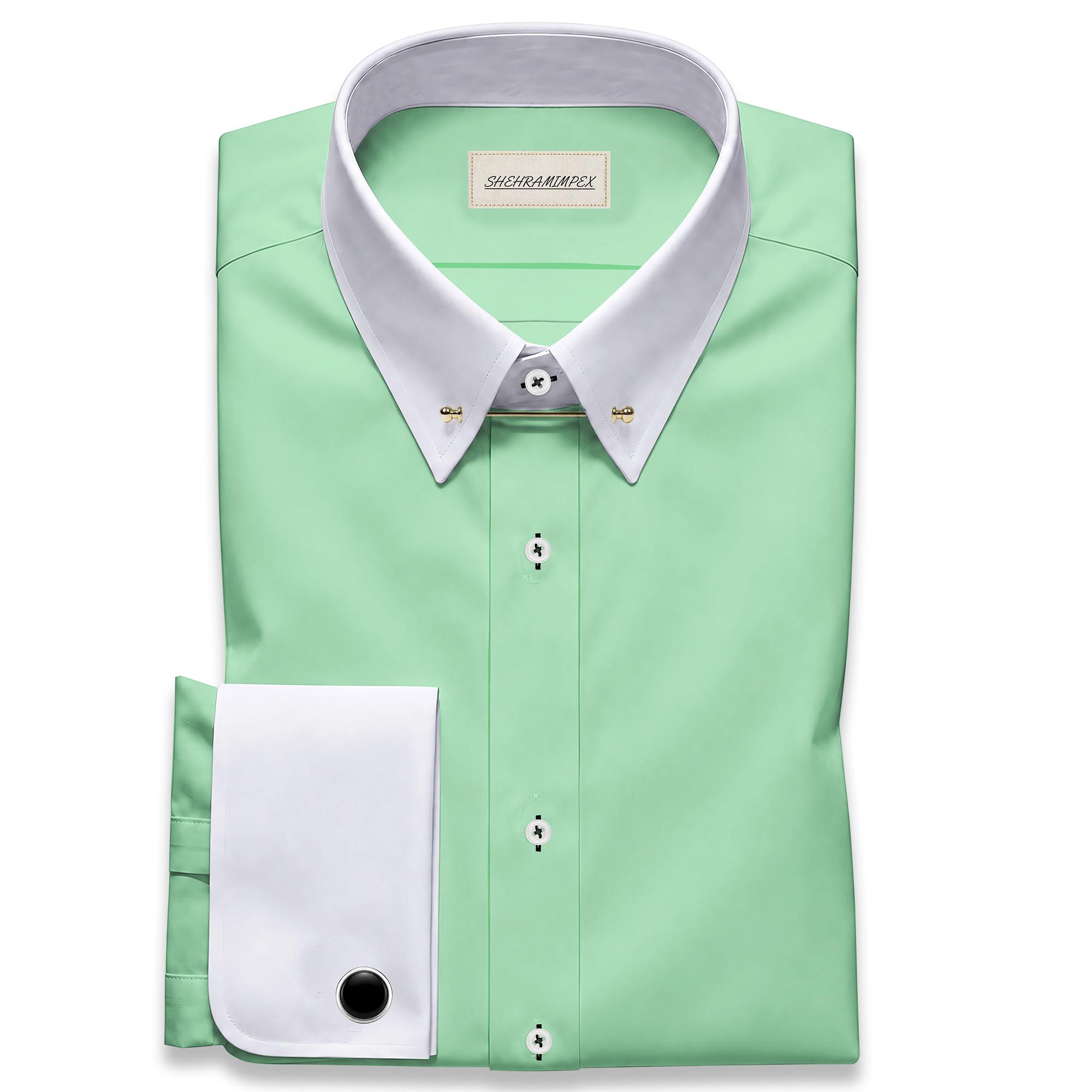 light mint green dress shirt Luxury Lime Men White Contrast Pin Collar French Cuffs sage green dress shirt