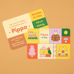 Pode incluir: Dois cartões de nascimento retangulares com ilustrações coloridas. Um cartão exibe o texto 'We are so happy to introduce you to Pippa', 'Monday 13 May', '49 cm', '3050g' e 'Lots of Love from Mama, Papa and little sister Olivia'. O outro cartão mostra um comboio, uma joaninha, um sol, um cogumelo, uma árvore, formas geométricas e um ábaco.