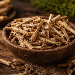 May include: A wooden bowl filled with dried, light brown asparagus stems. The bowl sits on a wooden surface, with additional asparagus stems scattered around. The image has a warm, natural aesthetic, suggesting a focus on organic ingredients.