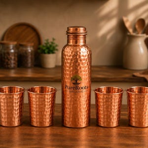 Puede incluir: Una botella de agua de cobre y cuatro tazas a juego con una textura martillada. La botella tiene una tapa de rosca y un logotipo que dice "PureRoots Organic". Los artículos están dispuestos sobre una superficie de madera.