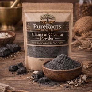 May include: A package of PureRoots Organic Charcoal Coconut Powder sits next to a wooden bowl filled with the black powder. The package and bowl are on a wooden surface. The text on the package reads "Charcoal Coconut Powder".