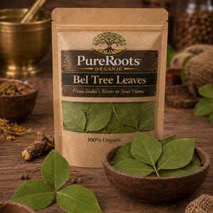 May include: A brown paper pouch labeled PureRoots Organic Bel Tree Leaves From India's Roots to Your Home 100% Organic. The pouch features a clear window displaying green trifoliate leaves, with additional loose green leaves in a small bowl.