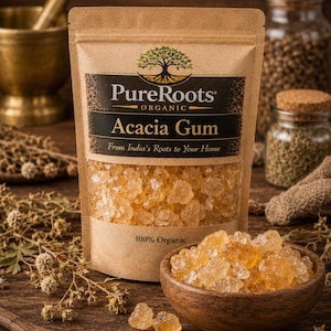 Peut inclure: Un paquet de gomme d'acacia biologique PureRoots, avec le texte « From India's Roots to Your Home ». Un bol en bois contient des cristaux de gomme ambrés et une cuillère en bois contient de la poudre.