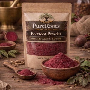 May include: A package of PureRoots Organic Beetroot Powder is displayed with a wooden bowl and spoon filled with the same vibrant red powder. The packaging includes the text "From India's Roots to Your Home" and "100% Organic". The scene is set on a rustic wooden surface.