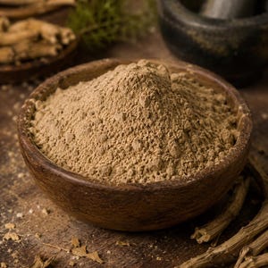 May include: A wooden bowl filled with light brown powder, likely a spice or herb, sits on a wooden surface. Dried roots and a mortar and pestle are in the background. The scene suggests a natural, organic product, possibly for culinary or medicinal use.