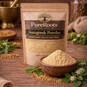 Pode incluir: Uma embalagem de PureRoots Organic Fenugreek Powder está ao lado de uma tigela de madeira cheia do mesmo pó. A embalagem é castanha e mostra o nome da marca e informações do produto. A cena é montada em uma superfície de madeira.