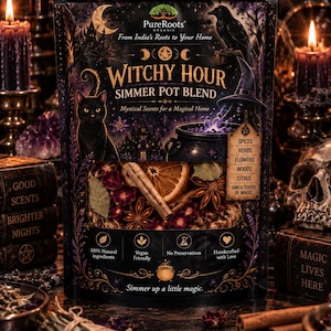 May include: A black pouch of PureRoots Organic Witchy Hour Simmer Pot Blend featuring a black cat, raven, and cauldron illustration. The clear window displays dried orange slices, cinnamon sticks, star anise, and herbs. Text includes ingredients list.