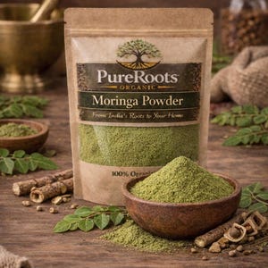 May include: A packet of PureRoots Organic Moringa Powder on a wooden surface, with a wooden bowl filled with green powder in front. The packet reads "From India's Roots to Your Home". Additional bowls and leaves are scattered around.