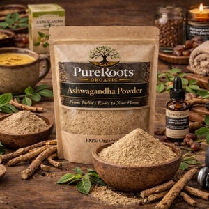May include: A still-life image featuring a bag of PureRoots Organic Ashwagandha Powder, a supplement bottle, and a cup of golden liquid. The scene includes wooden bowls of powder, candles, and dumbbells, suggesting a wellness theme.