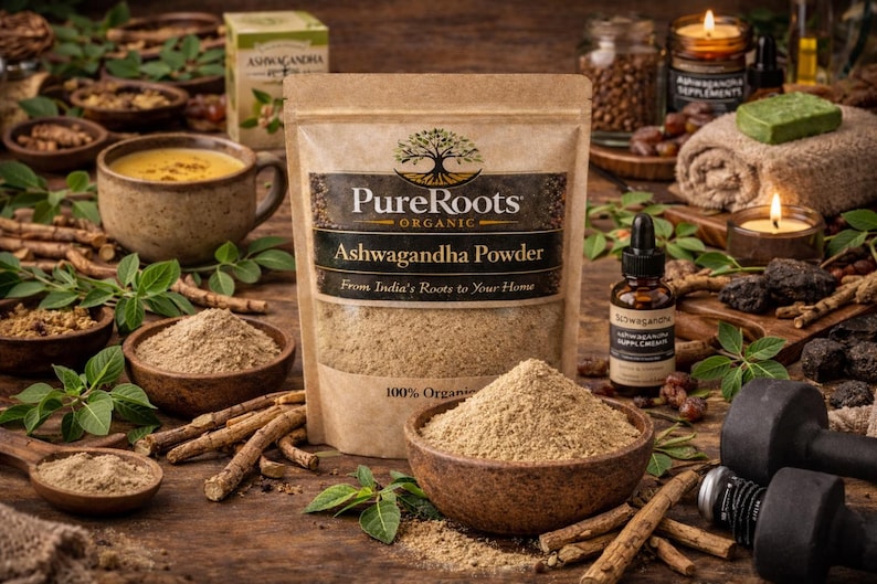May include: A still-life image featuring a bag of PureRoots Organic Ashwagandha Powder, a supplement bottle, and a cup of golden liquid. The scene includes wooden bowls of powder, candles, and dumbbells, suggesting a wellness theme.