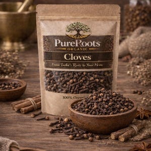 以下が含まれることがあります： 「PureRoots」オーガニッククローブのパッケージ。テキストには「Cloves」と「From India's Roots to Your Home」と記載。木製のボウルに入ったクローブ、シナモンスティック、八角が木製の表面に配置されています。パッケージには「100% Organic」と記載されています。