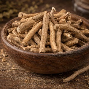 May include: A wooden bowl filled with dried, light brown, stick-like pieces, possibly herbs or roots. The bowl sits on a wooden surface, with some of the pieces scattered around it. The image has a warm, natural tone, suggesting a focus on organic products.