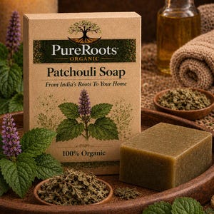 Peut inclure: Une boîte rectangulaire de savon au patchouli PureRoots Organic avec un logo d'arbre et le texte From India's Roots To Your Home et 100% Organic. À côté de la boîte se trouve un pain de savon vert olive, des herbes séchées et des feuilles vertes.