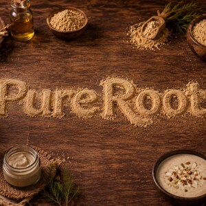 May include: A wooden table displays various natural ingredients and products. The words "Pure Roots" are spelled out in a light brown powder. Small bowls, jars, and bottles contain powders, oils, and creams, suggesting a focus on natural health and wellness.