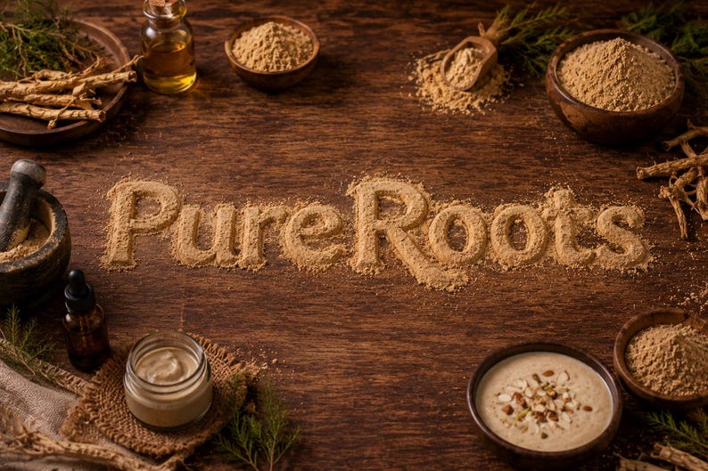 May include: A wooden table displays various natural ingredients and products. The words "Pure Roots" are spelled out in a light brown powder. Small bowls, jars, and bottles contain powders, oils, and creams, suggesting a focus on natural health and wellness.