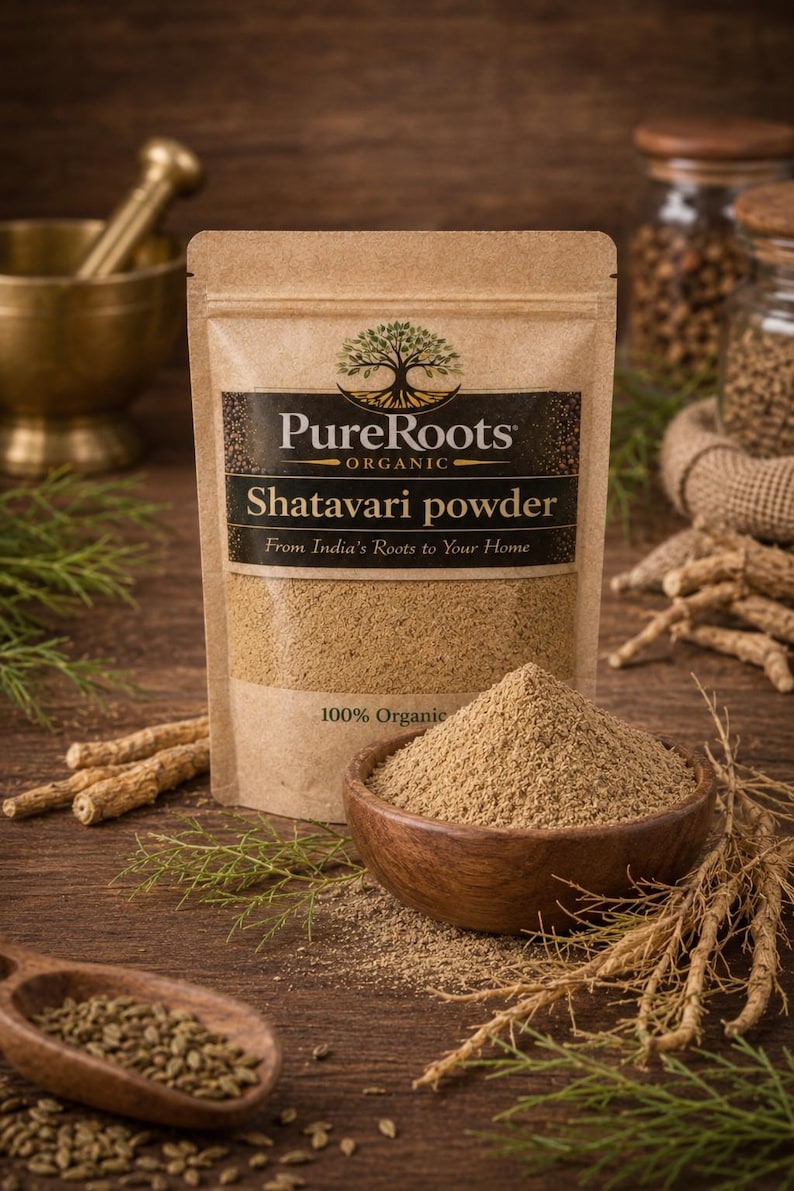 May include: A package of Shatavari powder from PureRoots Organic, with a wooden bowl of powder and a wooden spoon with seeds. The package has the text "Shatavari powder" and "From India's Roots to Your Home". The background includes herbs and roots.