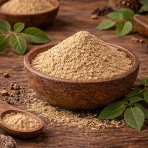 May include: A close-up shot of a wooden bowl filled with a light brown powder, likely a spice or herb. A wooden spoon with the same powder sits nearby. Green leaves and other bowls with powder are in the background, all on a wooden surface.
