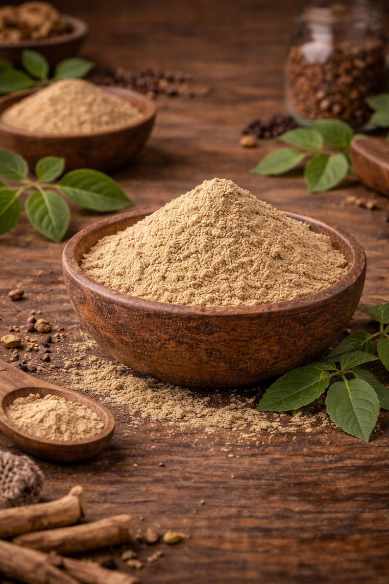May include: A close-up shot of a wooden bowl filled with a light brown powder, likely a spice or herb. A wooden spoon with the same powder sits nearby. Green leaves and other bowls with powder are in the background, all on a wooden surface.