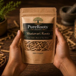 May include: A package of Shatavari Roots from PureRoots Organic is held in front of a wooden background. The package is brown with a black and green label. The text on the label reads "Shatavari Roots" and "100% Organic". Other ingredients are in bowls and jars.