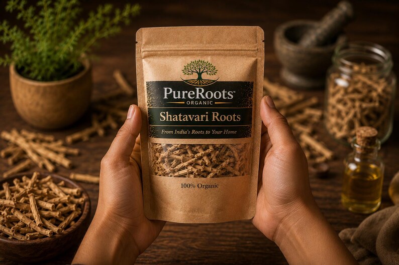 May include: A package of Shatavari Roots from PureRoots Organic is held in front of a wooden background. The package is brown with a black and green label. The text on the label reads "Shatavari Roots" and "100% Organic". Other ingredients are in bowls and jars.