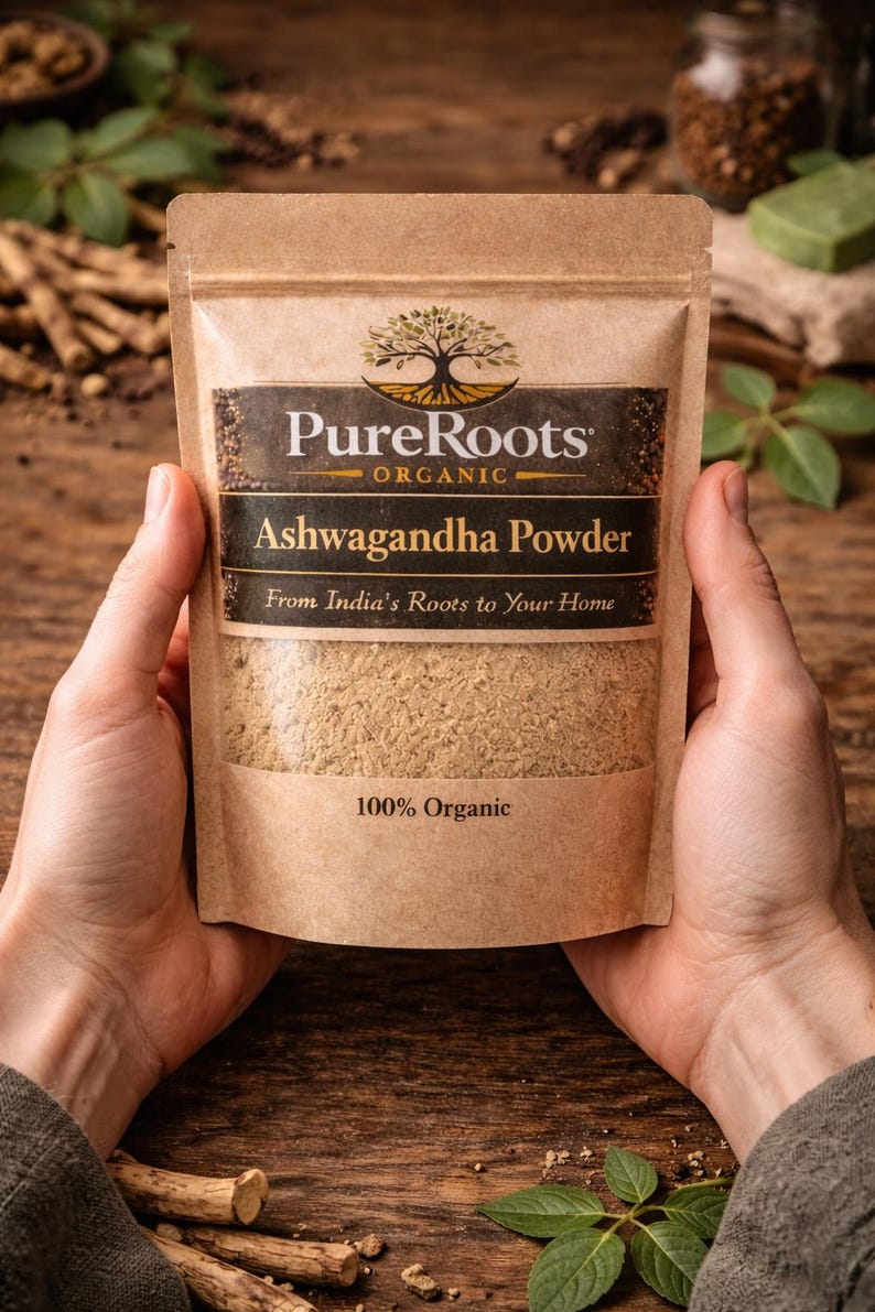 May include: A package of PureRoots Organic Ashwagandha Powder held by hands. The package is a light brown color with a dark brown label. The label includes the text "Ashwagandha Powder" and "From India's Roots to Your Home". The package is labeled "100% Organic".