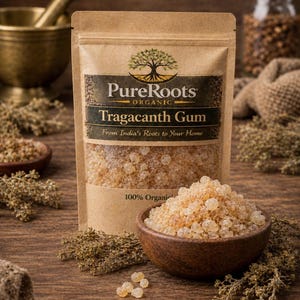 Peut inclure: Un paquet de gomme de tragacanthe biologique PureRoots, avec le texte "From India's Roots to Your Home". L'image montre un bol en bois rempli de gomme et un mortier et un pilon. L'arrière-plan est une surface en bois.