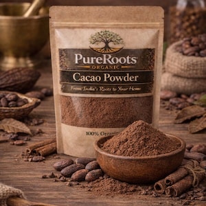 May include: A package of PureRoots Organic Cacao Powder is displayed, alongside a wooden bowl filled with the powder. Cocoa beans, cinnamon sticks, and a wooden spoon are arranged on a wooden surface. The package reads "Cacao Powder" and "From India's Roots to Your Home."