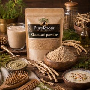 May include: A still-life image featuring a package of "PureRoots Organic Shatavari powder" alongside a bowl of powder, a glass of a light-colored drink, wooden bowls, and a wooden comb. The scene is set on a wooden surface with sprigs of greenery.