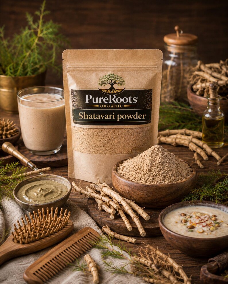 May include: A still-life image featuring a package of "PureRoots Organic Shatavari powder" alongside a bowl of powder, a glass of a light-colored drink, wooden bowls, and a wooden comb. The scene is set on a wooden surface with sprigs of greenery.