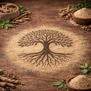 May include: A wooden surface with a tree design made from a light brown powder. The image features various herbs, spices, and powders in bowls and scattered around the tree design. Green leaves are also present.