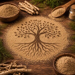 May include: A tree design is etched into a pile of brown powder on a wooden surface. Wooden bowls and a spoon hold more of the powder. Small sticks and green sprigs are scattered around the powder, suggesting natural ingredients.
