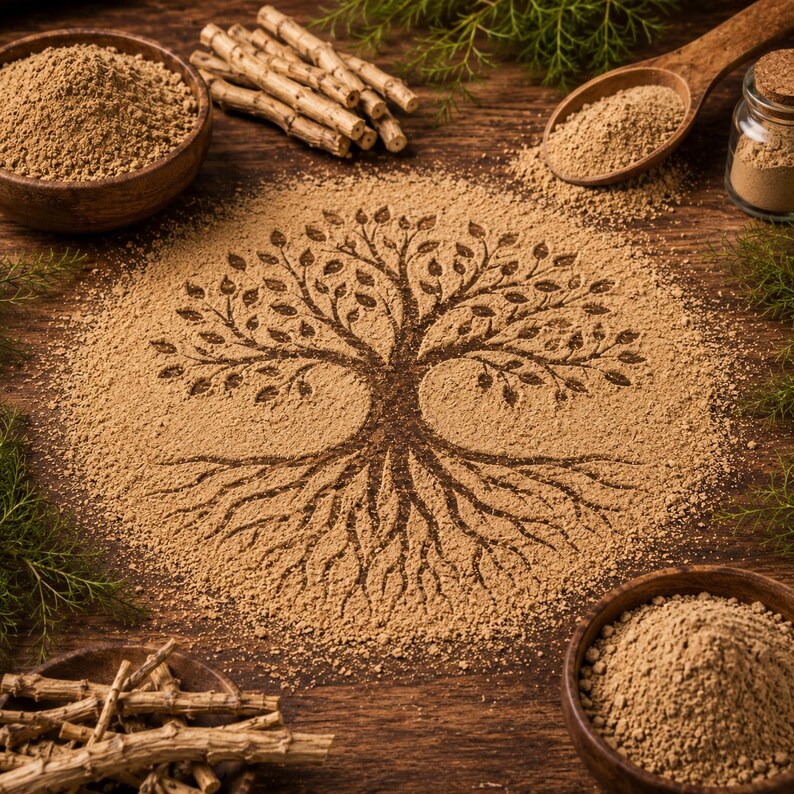 May include: A tree design is etched into a pile of brown powder on a wooden surface. Wooden bowls and a spoon hold more of the powder. Small sticks and green sprigs are scattered around the powder, suggesting natural ingredients.