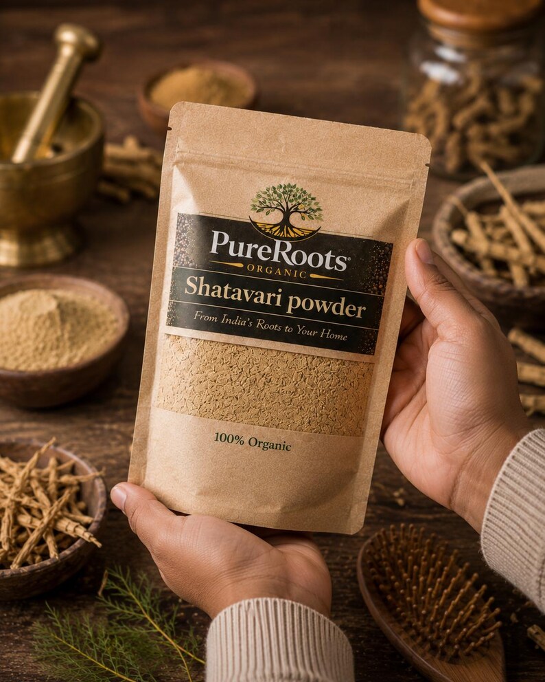 May include: A tan paper bag of Shatavari powder from PureRoots Organic, held in hands. The bag has a black label with the brand name and product description. The words "100% Organic" are printed on the bag. Other bowls and jars of herbs are in the background.