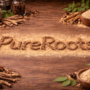 May include: A rustic wooden surface displays the text "PureRoots" spelled out in a brown powder. The image features various spices, including cinnamon sticks, star anise, and ground spices, along with small wooden bowls.